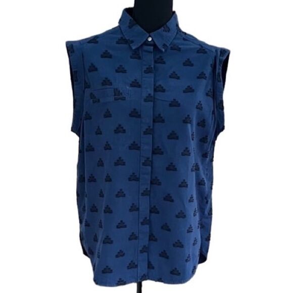 Lou & Grey blue with black embroidered pattern sleeveless button front top sz M - Picture 2 of 6